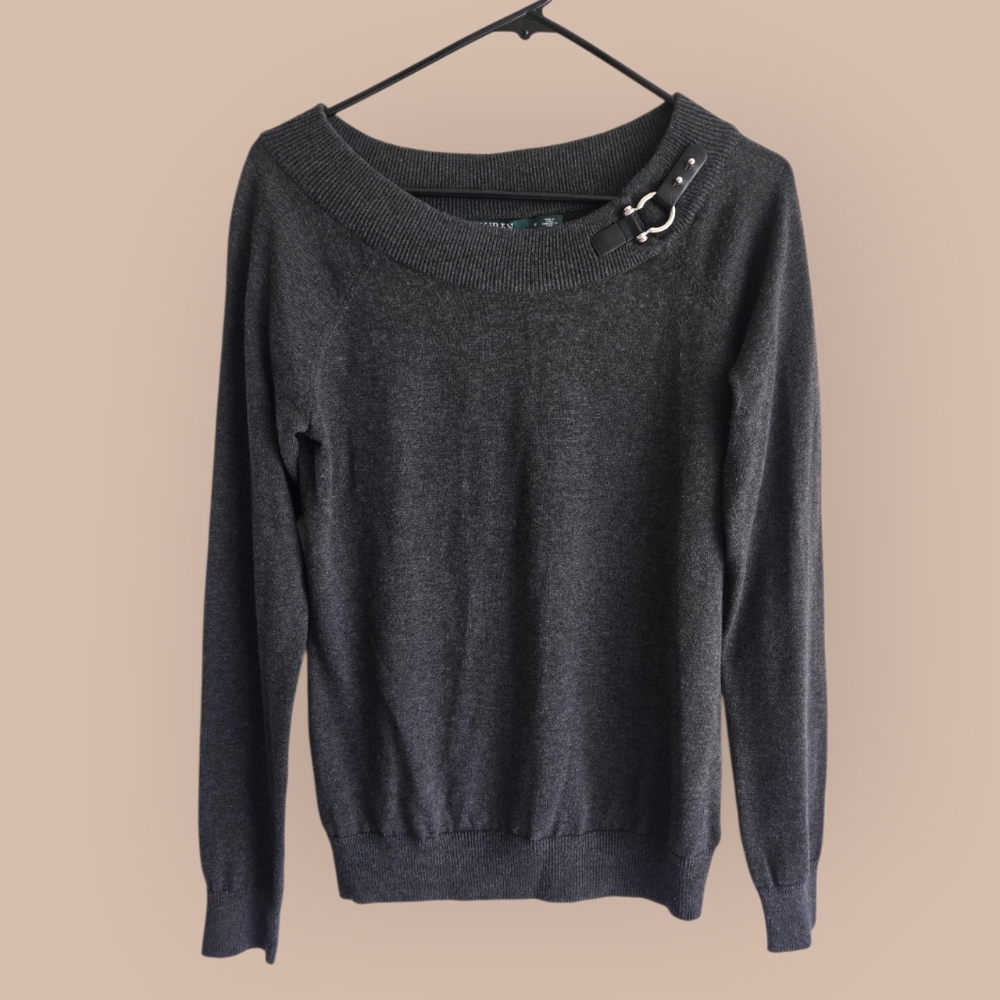 Ralph Lauren Y2K Charcoal Off-the-Shoulder Sweateraure WIRH BUCKLE SIZE MEDIUM